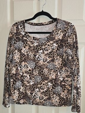 White Stag Floral & Leopard Print Long-Sleeve Top - Beige Brown Black